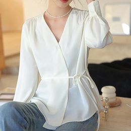 Women's Blouses QOERLIN Chic V Neck Long Sleeve Lace-Up White Shirts Women Button Up Loose Casual 2024 Spring Summer Blouse Female S-XL Tops