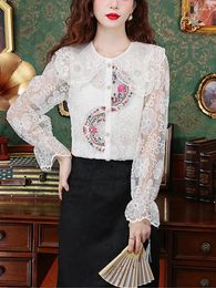 Women's Blouses Vintage Embroidery Lace Blouse Tops Fashion Flare Sleeve Lapel Mesh Victorian White