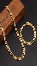 Classics Fashionable Real 24K Yellow Gold GF Mens Woman Necklace Bracelet Jewelry Sets Solid Curb Chain Abrasion resistant r011677034