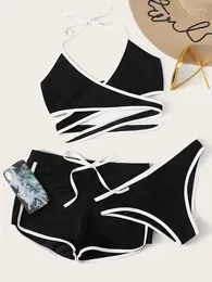 Women's Swimwear 3 Pieces Set Swimsuit Women Black Sports Sexy Cross Wrap Thong Bikini With Shorts Cover Up Beach Wear Bathing Suit