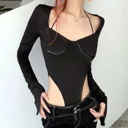 Women's Jumpsuits Rompers AVV Sexy Low Cut Halter High Waist Women Slimming Party Bodysuit Long-slved Autumn Black Bottoming Bodycon Top Overalls Y240515