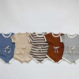 Clothing Sets Children Girls Boys Clothes Stripe Cotton Casual Short Sleeve Tops T-shirt+Shorts Ribbed Knitt Tracksuits kids Outfit Set 6M-5T Y240515