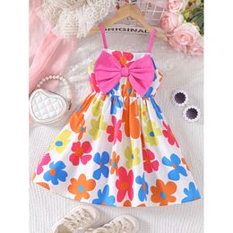 Girls Summer New Sweet Cute Flower Sling For Leisure Vacation, Small And Fresh Style, Big Bow Design Dress L2405