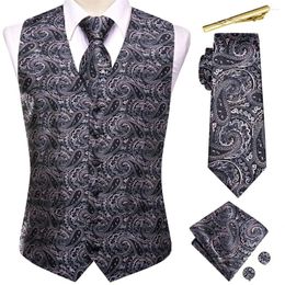 Men's Vests Black Purple Silk Vest For Men Fashion Paisley Tie Hanky Cufflinks Set Sleeveless Waistcoat Jacket Business Designer Gift Hi-Tie