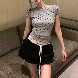 Skirts Vintage Korean Retro High Street Grey Polpolo Dot Short-sleeved T-shirt Lace-up Mini Cake Skirt Suit 2 Pieces Sets Y2k