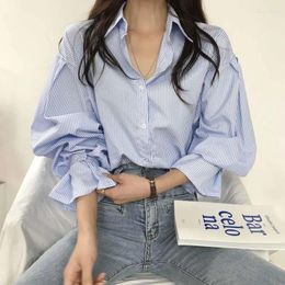 Women's Polos M132 Chic Design Sense Niche Striped Shirt Female Student Korean Style Loose Fall Clothing Western Top