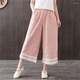 Women's Pants Spring Autumn High Waist Pocket Cotton Linen Wide Leg Loose Retro Spliced Lace Hook Flower Hollow All-match Casual