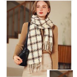 Scarves Autumn Winter Woman Wool Spinning Scarf Ladies Shawl Mticolored Gingham Checks Kerchief 70X180Cm Fashion Diamond Female Thicke Otiz4