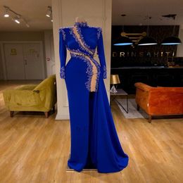 Royal Blue Mermaid Prom Formal Dresses 2021 Long Sleeve Beaded Applique Sexy Slit High Neck Arabic Trumpet Occasion Evening Gown 3376