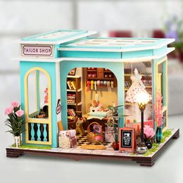DIY Wooden Tailor Shop Casa Miniature Building Kits Bookend With Lights Assembled Bookshelf Home Decoration Friends Gifts 240516