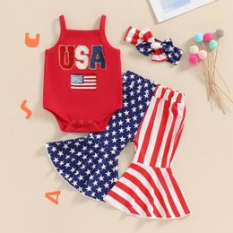 Clothing Sets Independence Day Baby Girls Outfit Fuzzy Letter Flag Embroidery Rompers Stripe Stars Print Flare Pants Headband 3Pcs Clothes