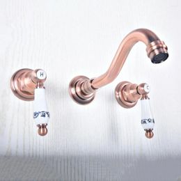 Bathroom Sink Faucets Dual Ceramic Handles Wall Mounted Red Copper 8" Widespread 2 Handle 3 Hole Tub Faucet Mixer Tap Lsf503