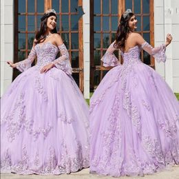 Popular Lavender Long Sleeves Quinceanera Dresses 2020 New Lace Applique Plus Size Lace Up Church Bridal Wear Sweet 16 Prom Gowns 224n