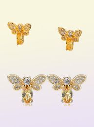 Rainbamabom Vintage 925 Solid Sterling Silver Citrine Gemstone Yellow Gold Bee Earrings Ear Studs Women Fine Jewelry Whole22363682629379