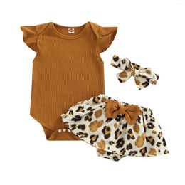 Clothing Sets Baby Girls Summer Outfit Solid Color Flying Sleeve Romper Floral/Leopard Print Shorts Headband