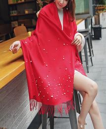 Scarves 2023 Winter Cashmere Scarf With Pearls Women39s Tassels Wraps And Shawls Long Muslim Hijab Foulard Femme Beading Wool P7510269