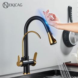 Kitchen Faucets Black And Gold Filter With Dual Handles Outlet Touch Sensors For Cold Mixer Sink Tap