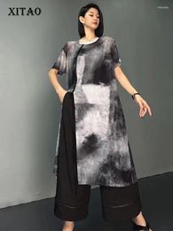Women's T Shirts XITAO Long Slit T-shirt Tie Dye Fashion Print Women Top 2024 Summer Vintage O-neck Collar Irregular WLD20137