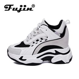 Fujin 9cm Platform Wedge Sneakers Chunky Shoes 9cm Hidden Heel Za Fashion Genuine Leather Comfy Breathable Vulcanized Shoes 240516