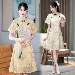 Ethnic Clothing 2024 Chinese Vintage Dress National Flower Embroidery Chiffon Improved A-line Qipao Oriental Banquet Evening Vestido