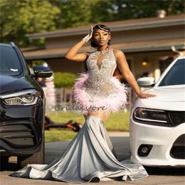 Silver Prom Dresses Illusion Leg For Black Girls Diamond Aso Ebi African Mermaid Evening Dress With Pink Feather Birthday Party Formal Dress Vestios De Fiesta 2024