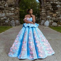 Party Dresses Sky Blue Evening 3D Floral Prom Gowns Sweetheart Custom Made Long Ball Gown Dress For Wedding Applique Peplum