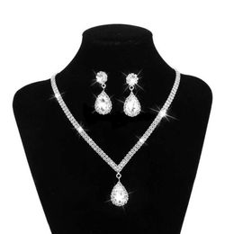Wedding Jewellery Sets Water Drop Diamond Long Pendant All Crystal Silver Plated Necklace and Earrings Elegant Set
