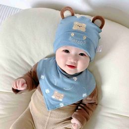 Caps Hats Baby hat triangle bib set spring and autumn pure cotton cute cartoon bear hat baby boy and girl 3-12M WX