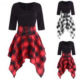 Casual Dresses Fashion Dress Asymmetrical Lace Up Print Women Tartan O Neck Plaid Women's V Maxi Tunics