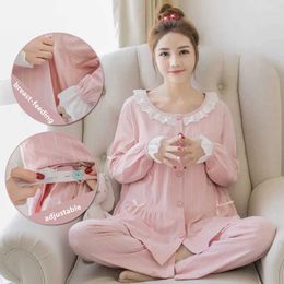 Sleep Lounge Sweet Materiality Nursing Nightwear Pink Cotton Latex Feeding Pregnant Womens Pajamas Autumn Pregnant Womens Pajamas Evening Dress Set d240516