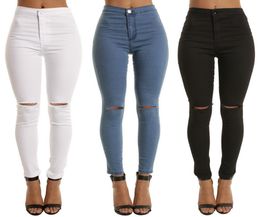 High Waist Casual Skinny Jeans For Women Hole Girls Slim Knee Ripped Denim Pencil Pants Elasticity Black Blue Trousers6579096