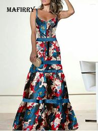 Casual Dresses Summer For Women 2024 Sleeveless Long Party Dress Printed Sexy Deep V-Neck Patchwork Ladies Sling Drop