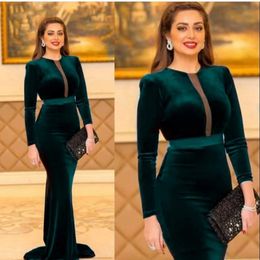 Green Cheap Long Sleeves Velvet Evening Dress Mermaid Cut-Out Sweep Train Prom Gowns Simple Women Party Dresses 305I