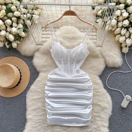 Casual Dresses Spaghetti Strap Sexy Bodycon Short Dress Women Ruched Slim Lace Mesh Embroidery Stitch Beach Fashion Backless