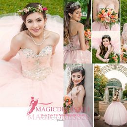 2019 Princess Pink Quinceanera Dresses With Beaded Crystal Puffy Skirt Ball Gowns Sweet 16 Gowns Corset Sweetheart Formal Dress for 16 2072