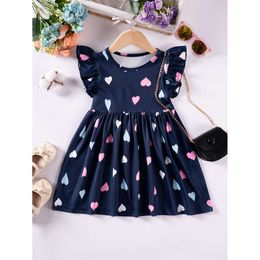 Girls Heart Print Dresses Fly Sleeves Lovely Princess Dress Cute Butterfly Pattern Flowers Vestido Toddler Girl Clothes L2405