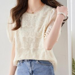 Women's Blouses QOERLIN Summer Chiffon Tops Shirt Pearl O-Neck Hollow Out Ruffles Blouse Korean Fashion Short Sleeve Elegant Casual