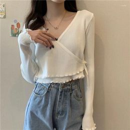 Women's T Shirts Women Fall Long Sleeve Knitwear Tshirts Woman Solid Colour Sexy Short T-Shirts 2024 Korean Style Slim Body Blue Tops