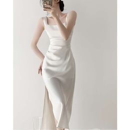 White women's haute couture, summer French long engagement party, light luxury small dress, temperament, satin suspender dress