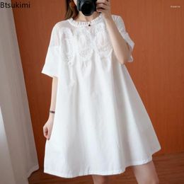Casual Dresses 2024 Short Sleeve A-line Dress For Women Summer Lace Patchwork Korean Style Ladies Solid Loose Elegant Vestidos