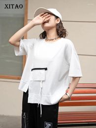 Women's T Shirts XITAO Personality Women T-shirt Asymmetrical Three-dimensional Splicing Drawstring Decorate Hem 2024 Summer Top DMJ4127