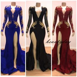 Mermaid Prom Dresses 2019 Gold Lace Evening Dress Party Gowns Long Sleeve Special Occasion Dress Front Split 2k19 Black Girl Couple Day 250A