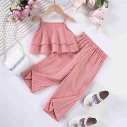 Clothing Sets Girls solid Colour pendant summer pendant pleated edge+wide leg pants 2-piece set of white cute and elegant baby clothing WX
