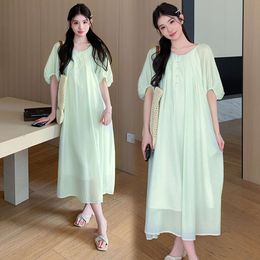 French Style Lantern Sleeves Pregnant Women Button Fly Plus Size Maternity Beach Long Loose Pregnancy Holiday Dress