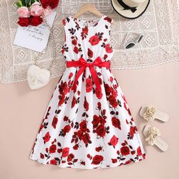 Girl Dresses 2024 Summer Arrival Girls Sleeveless O Neck Print Floral Sashes Red Designer Cute Party Princess Dress Custume 8-12T