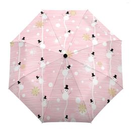 Umbrellas Pink Winter Christmas Snowman Snowflake Parasol For Outdoor Full-Automatic Eight Bones Rain Umbrella Gift Adults Kids