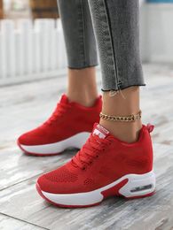 Casual Shoes Women Knit Lace Up Platform Air Cushion Sneakers 8 Cm Height Wedge Red Zapatillas Mujer 1912 V