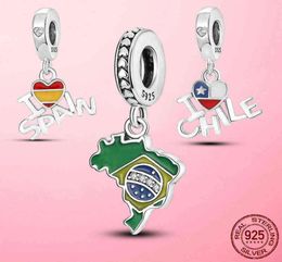 Silver Pendant 925 Sterling Silver Spain Chile Brazil Flag Love Charm Beads fit Original Bracelet Necklace DIY Jewelry7826507