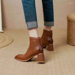Boots Women Genuine Leather Square Toe Vintage Modern Ankle Office Ladies Back Zipper High Heel Sewing Concise Style Short