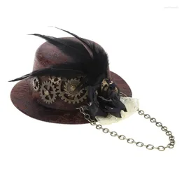 Berets Steampunk Mini Top Hat Gothic Antique Gear Chains Feather Flower Lace Hair Clip Tiny Bowler Victorian Costume Accessores